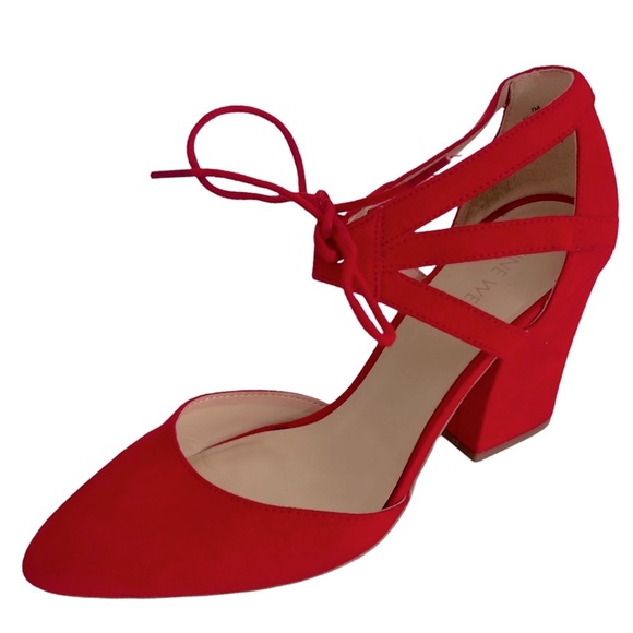 NINE WEST • Bright Red Stefani Suede Strappy Pointed Toe Block High Heels - Picture 1 of 14